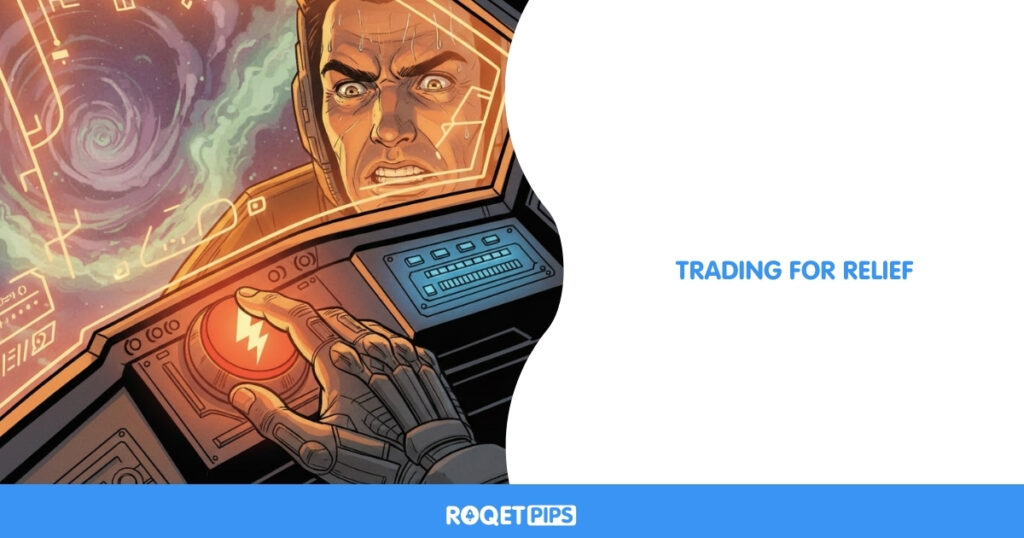 Type: ComicLinked insight: Traders act to reduce discomfort, not because criteria are metPrimary motif: Cockpit view / HUD glow (no readable text)Scene: A hand hovers over a large control that triggers immediate action while a smaller, safer control sits untouchedPsychological tension: Quick relief versus deliberate processComposition: Close-upClarity check: The temptation is the messageHard constraints: No text, no split panels