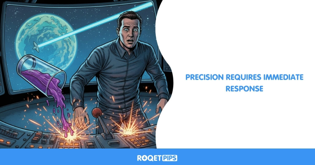 Visual Prompt: Type: Comic / Conceptual Archetype: Control room mistake Motif: Satellite / signal beam Scene: A technician spills a drink on a console causing a signal beam to miss a distant planet by a narrow margin. Props: Floating liquid, control lever, monitor Camera: Over-shoulder Lighting: Monitor glow Constraints: no text, no split panelsSide-Text: Precision requires immediate response