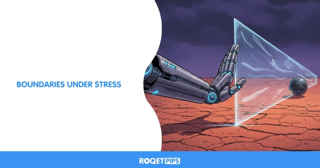 Type: ConceptualLinked insight: Stop movement is often avoidance disguised as managementPrimary motif: Robot / droidScene: A robotic arm keeps pushing a boundary line farther away as a moving object approaches itPsychological tension: Accepting the loss versus shifting the boundaryComposition: Close-upClarity check: The boundary shifting is the only meaningHard constraints: No text, no split panels