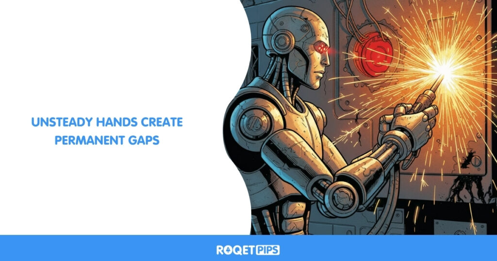 Visual Prompt: Type: Comic / Infographic Archetype: Maintenance bay breakdown Motif: Robot / droid Scene: A droid attempts to weld a hull breach but its arm is jittering, causing the sparks to miss the target. Props: Welding tool, hull plate, sparks Camera: Close-up Lighting: Harsh Constraints: no text, no split panelsSide-Text: Unsteady hands create permanent gaps