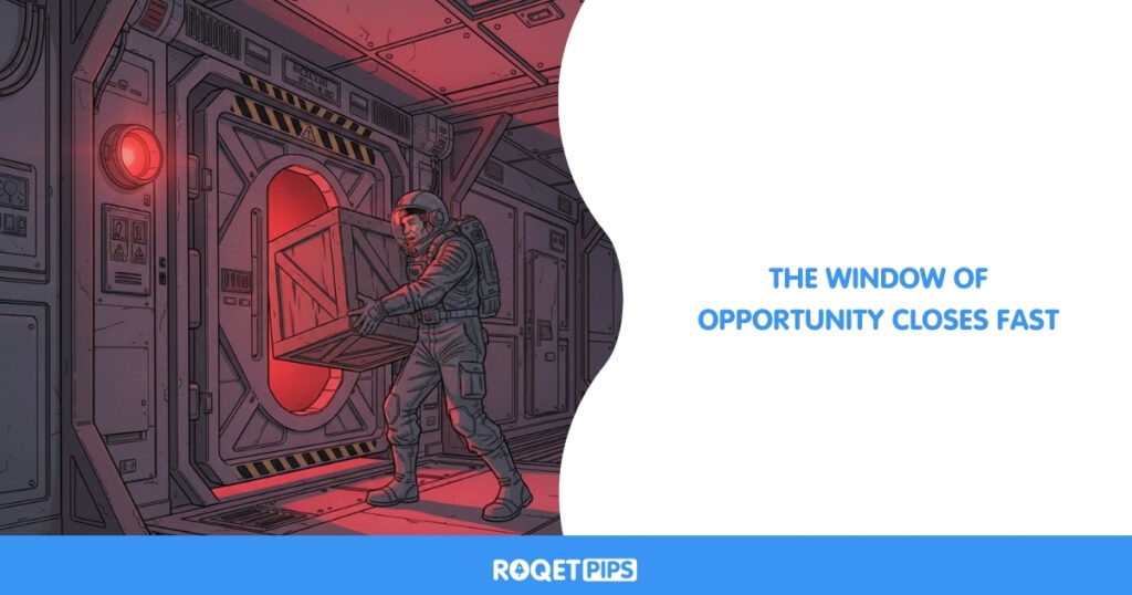 Visual Prompt: Type: Comic / Conceptual Archetype: Docking misalignment Motif: Space station corridor Scene: A heavy blast door is closing while a crew member stands outside with a cargo crate, unable to fit through the shrinking gap. Props: Cargo crate, blast door, warning light Camera: Wide Lighting: Emergency red Constraints: no text, no split panelsSide-Text: The window of opportunity closes fast
