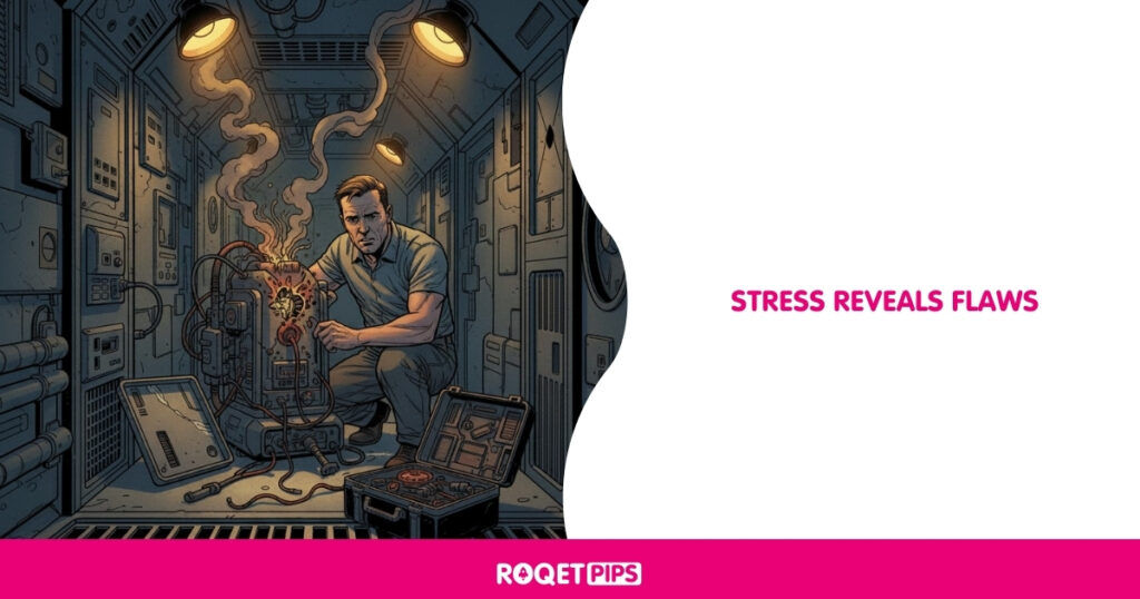 Visual blockVisual Prompt:
Type: Comic
Archetype: Maintenance bay breakdown
Motif: Space station corridor
Scene: A technician examining a stressed component that was overloaded earlier
Props: Tool kit, removed panel
Camera: Wide
Lighting: Warm lamps
Constraints: no text, no split panels
Side-Text:
Stress reveals flaws