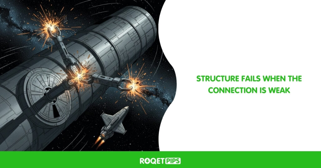 Visual Prompt: Type: Comic / Conceptual Archetype: Docking misalignment Motif: Drifting spacecraft / derelict ship Scene: A small shuttle trying to connect to a massive, spinning station but the docking clamps are snapping under the tension. Props: Snapping clamps, shuttle, station Camera: Wide Lighting: Rim shadow Constraints: no text, no split panelsSide-Text: Structure fails when the connection is weak