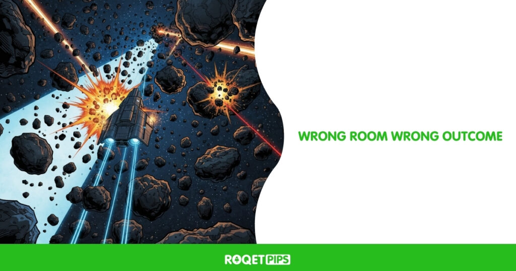 Type: Comic
Linked insight: A good entry cannot rescue a bad environment
Primary motif: Asteroid field
Scene: A small ship exits a safe corridor into dense debris, gets hit immediately, then tries to correct course too late
Psychological tension: Entering because it looks close enough, ignoring danger signals
Composition: Wide view
Clarity check: Wrong environment overwhelms skill
Hard constraints: No text, no split panels