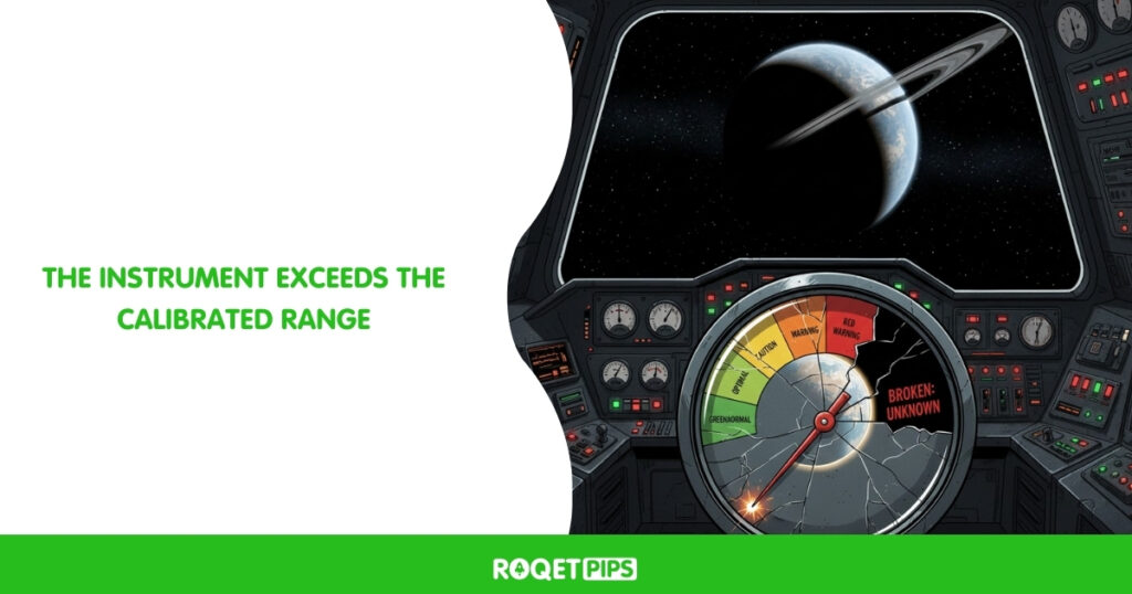 Visual Prompt: Type: Infographic Archetype: Broken gauge discovery Motif: Planet eclipse / ring shadow Scene: A large circular gauge with six labeled zones. The needle is pointing toward a jagged, broken area of the dial. Props: Gauge, shadow, needle Camera: Close-up Lighting: Harsh Constraints: Max 2 words per label, max 6 labelsSide-Text: The instrument exceeds the calibrated range