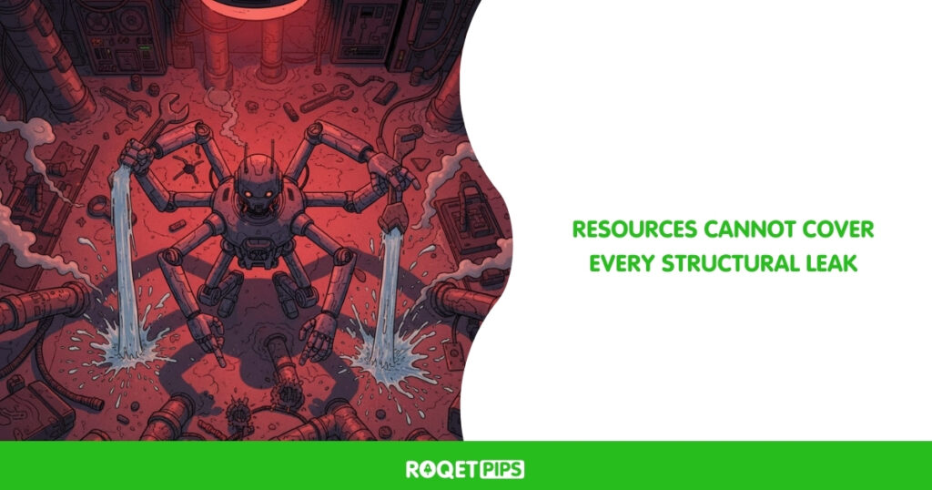 Visual Prompt: Type: Comic / Illustration Archetype: Maintenance bay breakdown Motif: Robot / droid Scene: A droid with four arms trying to fix a leaking pipe, but each time it plugs one hole, another one bursts open. Props: Leaking pipe, droid, wrench Camera: Top-down Lighting: Emergency red Constraints: no text, no split panelsSide-Text: Resources cannot cover every structural leak