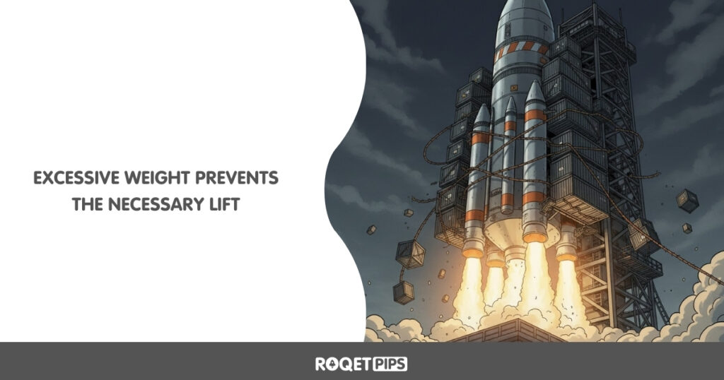 Visual Prompt: Type: Comic / Infographic Archetype: Cargo overload Motif: Rocket launch / booster separation Scene: A rocket struggling to lift off because too many heavy crates are strapped to the side with frayed cables. Props: Rocket, heavy crates, frayed cables Camera: Low-angle Lighting: Harsh Constraints: no text, no split panelsSide-Text: Excessive weight prevents the necessary lift