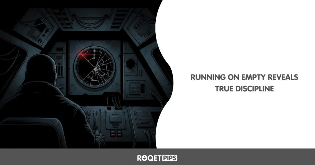 Visual Prompt: Type: Comic / Conceptual Archetype: Broken gauge discovery Motif: Drifting spacecraft / derelict ship Scene: A dark cabin where a single cracked gauge is lit by a flickering light, showing a needle pointing to an empty tank. Props: Cracked gauge, flickering light Camera: Over-shoulder Lighting: Rim shadow Constraints: no text, no split panelsSide-Text: Running on empty reveals true discipline