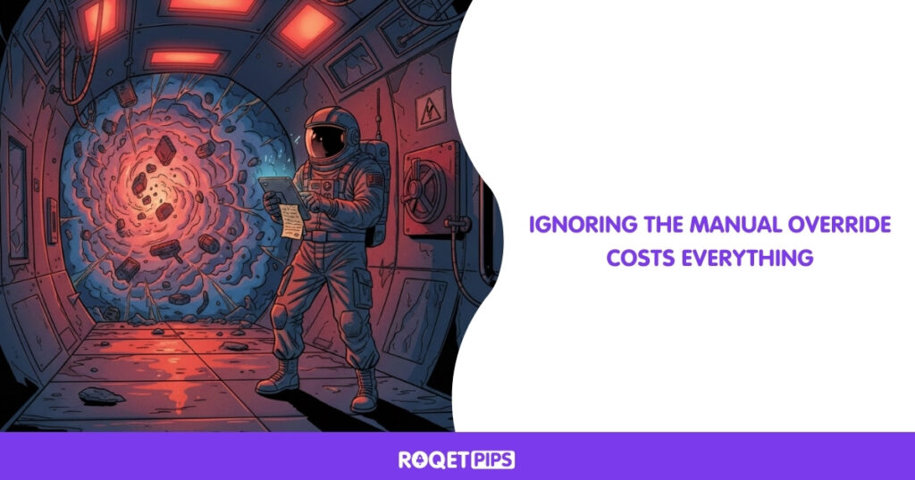 Visual Prompt:Type: Comic / ConceptualArchetype: Emergency checklist momentMotif: Space station corridorScene: A corridor with a massive pressure leak and a crew member frantically checking a paper list while ignoring a manual shut-off valveProps: Digital tablet, manual valve, flickering lightsCamera: WideLighting: Emergency redConstraints: no text, no split panelsSide-Text:Ignoring the manual override costs everything