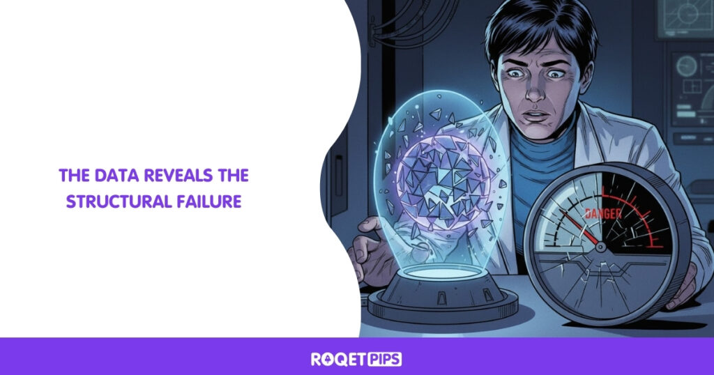 Visual Prompt:Type: Comic / InfographicArchetype: Broken gauge discoveryMotif: Sci-fi lab / hologram tableScene: A technician looking at a holographic projection of a sphere that is shattering into pieces while a gauge nearby shows a needle in the black zoneProps: Hologram projector, analog gauge, cracked glassCamera: Close-upLighting: Monitor glowConstraints: no text, no split panelsSide-Text:The data reveals the structural failure