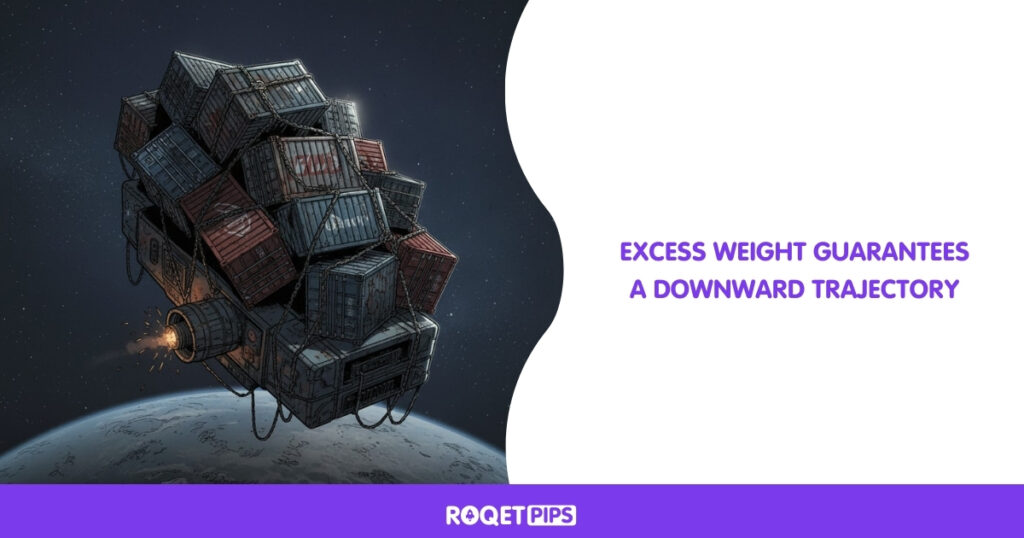 Visual Prompt:Type: Comic / ConceptualArchetype: Cargo overloadMotif: Drifting spacecraft / derelict shipScene: A small transport ship with dozens of oversized crates strapped to the outside, causing it to tilt and drift toward a dark planetProps: Steel cables, shipping containers, thruster sparksCamera: Over-shoulderLighting: Rim shadowConstraints: no text, no split panelsSide-Text:Excess weight guarantees a downward trajectory