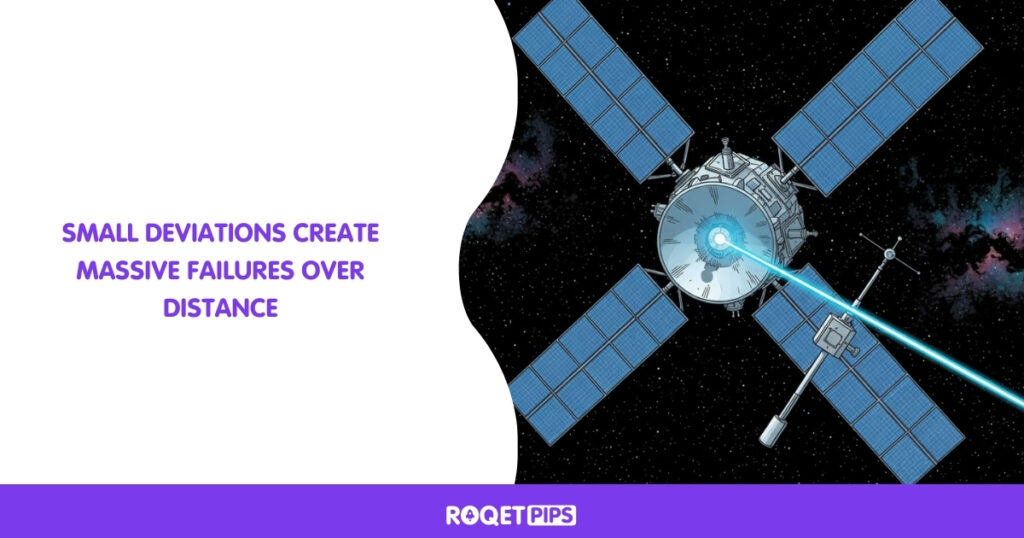 Visual Prompt:Type: Comic / IllustrationArchetype: Docking misalignmentMotif: Satellite / signal beamScene: A satellite attempting to beam a signal to a receiver, but the beam is missing by inches because the satellite is slightly tiltedProps: Solar panels, signal dish, laser beamCamera: Top-downLighting: HarshConstraints: no text, no split panelsSide-Text:Small deviations create massive failures over distance